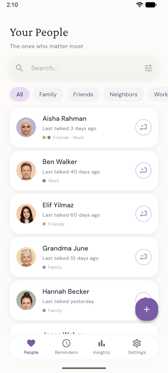 Ties people list showing friends and family with when you last talked