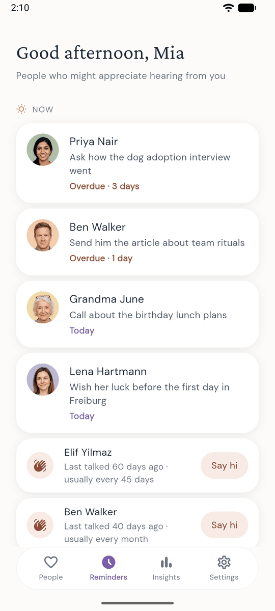 Ties reminders tab with overdue check-ins, follow-ups due today and birthdays
