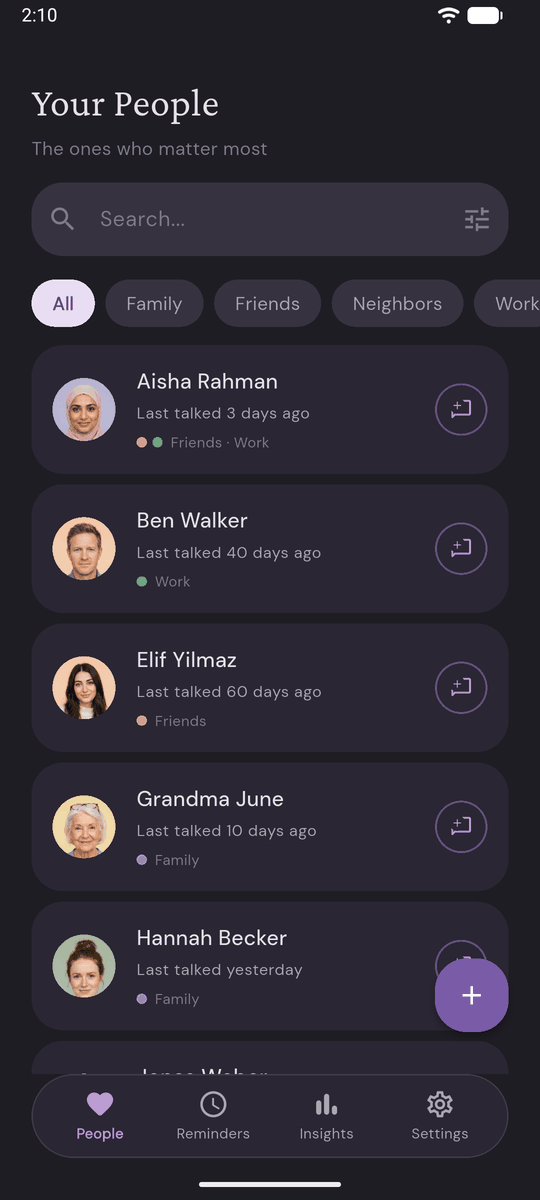 Ties people list in dark mode